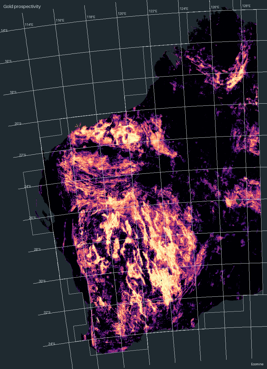 Prospectivity map for orogenic gold, Western Australia; brighter is more prospective.