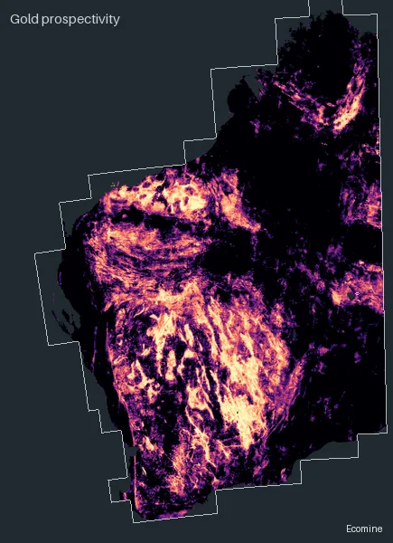 Prospectivity map for orogenic gold, Western Australia; brighter is more prospective.