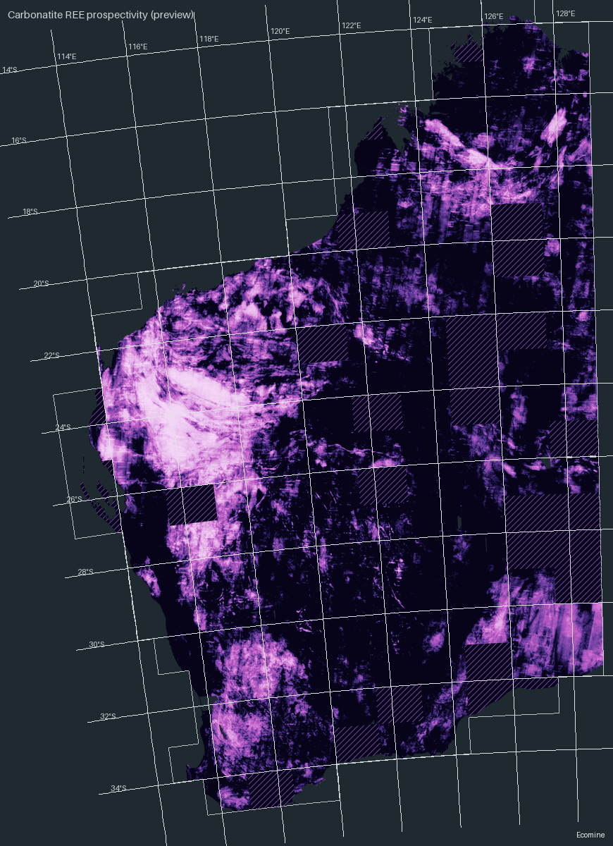 Prospectivity map for carbonatite rare earths (preview), Western Australia; brighter is more prospective; hatched areas have no model coverage.