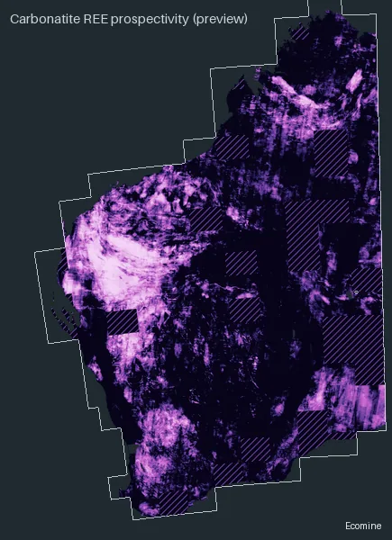 Prospectivity map for carbonatite rare earths (preview), Western Australia; brighter is more prospective; hatched areas have no model coverage.