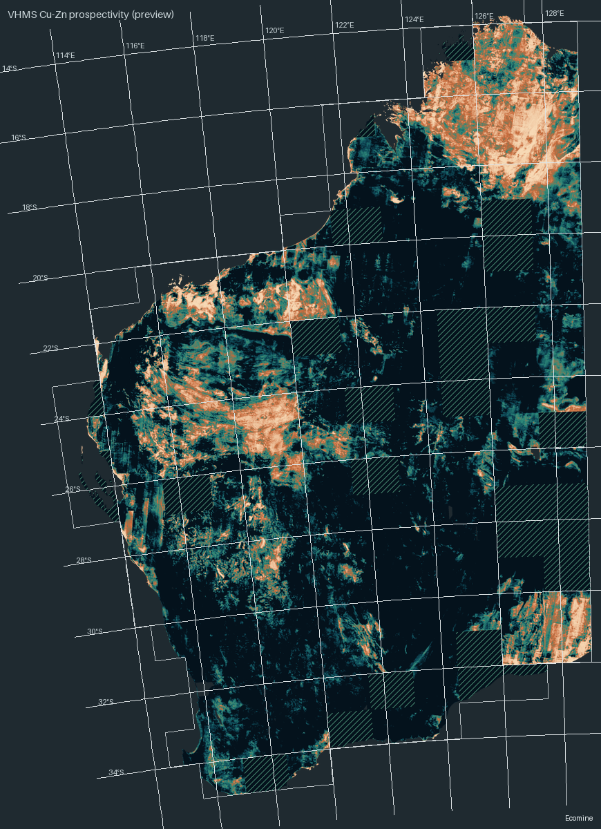 Prospectivity map for VHMS copper-zinc (preview), Western Australia; brighter is more prospective; hatched areas have no model coverage.