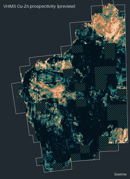 Prospectivity map for VHMS copper-zinc (preview), Western Australia; brighter is more prospective; hatched areas have no model coverage.